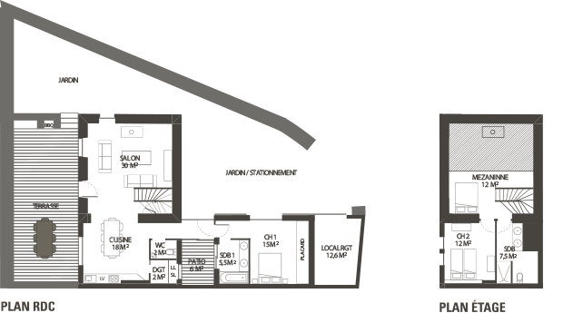 plans de Gite à Saint-Cado (Ria d'Etel) - RDC : Séjour/cuisine de 37m2, sdb, buanderie, WC. Etage : 1 chambre double de 14 m2 et une chamble deux lits séparés de 13 m2